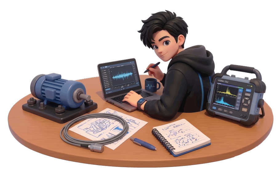 Engineer analysing vibration with laptop, motor and sensor